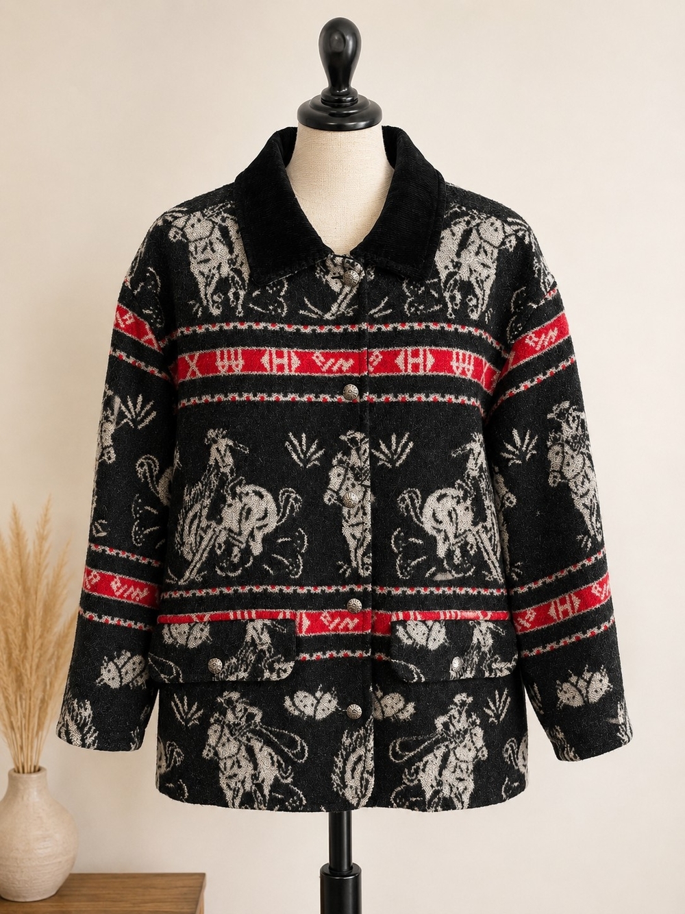 Vintage Western Cowboy Coat, Wool Blend Velvet Collar Concho Buttons, Rodeo